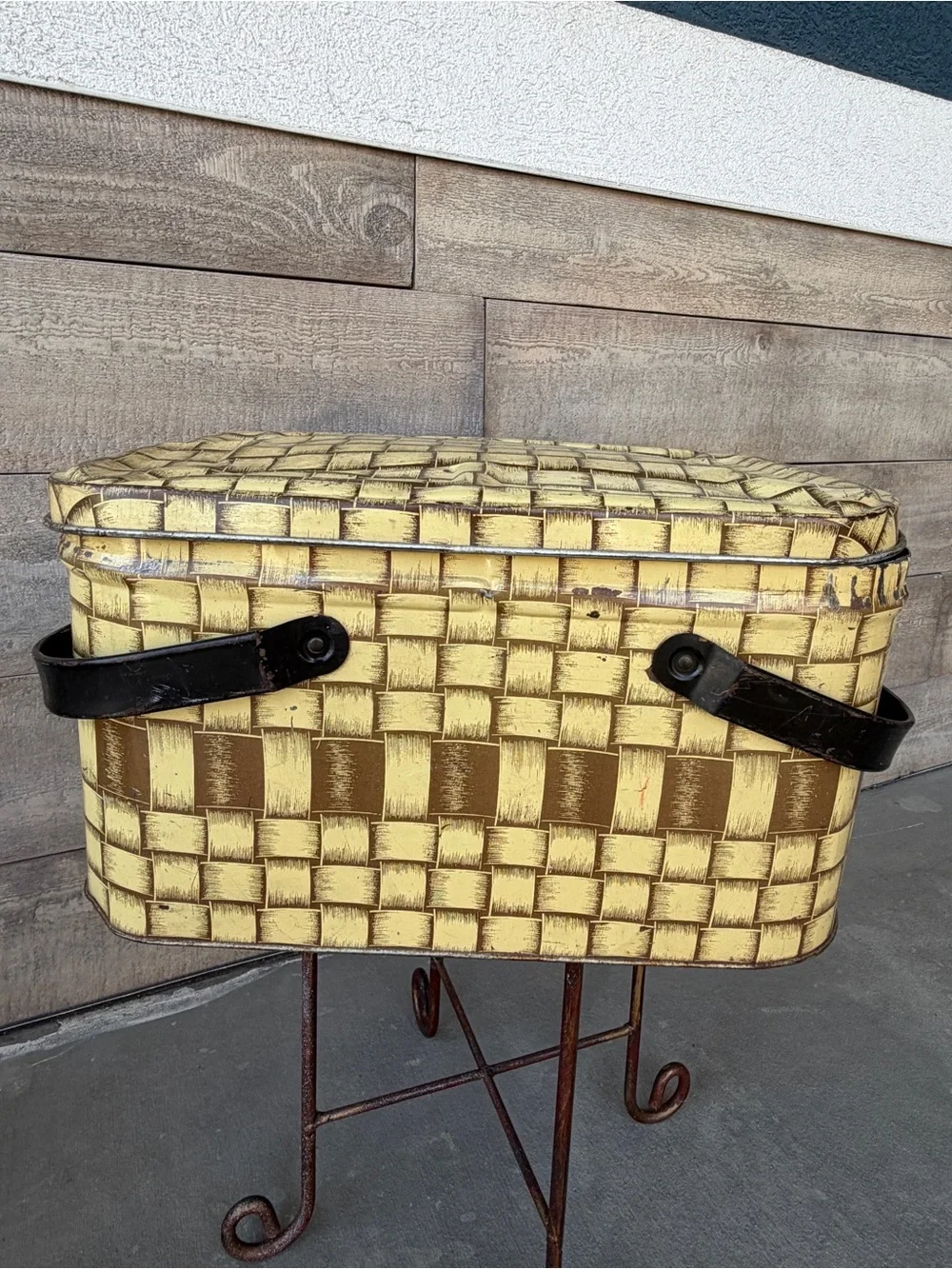 Vintage Yellow Woven-Style Storage Basket with Handles